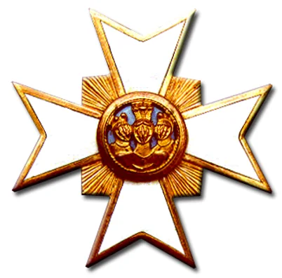 Bijou der Loge, ein goldenes Kreuz mit den drei Helmen im Medaillon