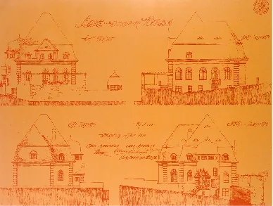Bauzeichnung von 1910 mit vier Ansichten des Hauses