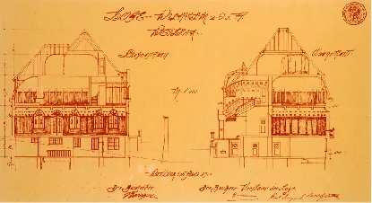Bauzeichnung von 1910 mit zwei Gebäudeschnitten