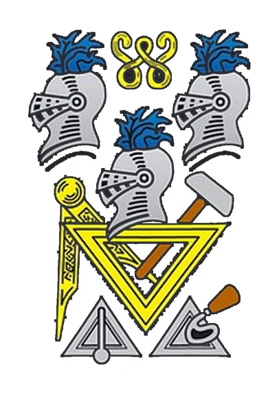 Farbiges Wappen der Loge mit drei Helmen, verschlungener Schnur und Maurerwerkzeugen