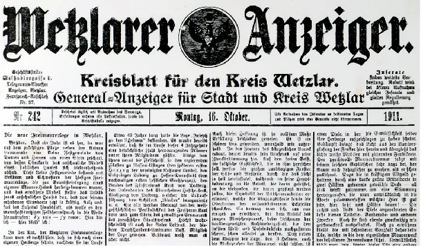 Titelseite des Wetzlarer Anzeigers vom 16. Oktober 1911