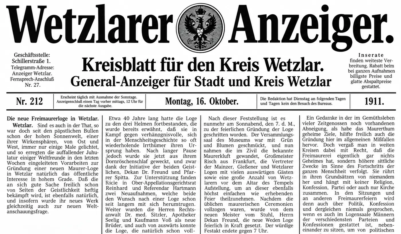 Der Bericht des Wetzlarer Anzeigers vom 16. Oktober 1911 in moderner Schrift